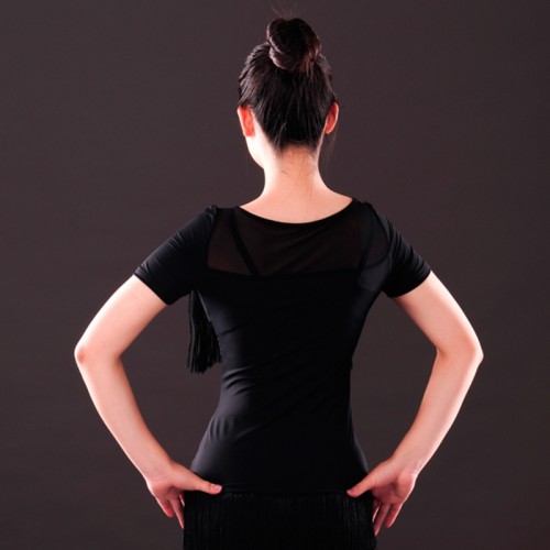 Fashion Modern O-neck tassel Latin dance top for women girls red black ballroom dancing costume performance wear tops